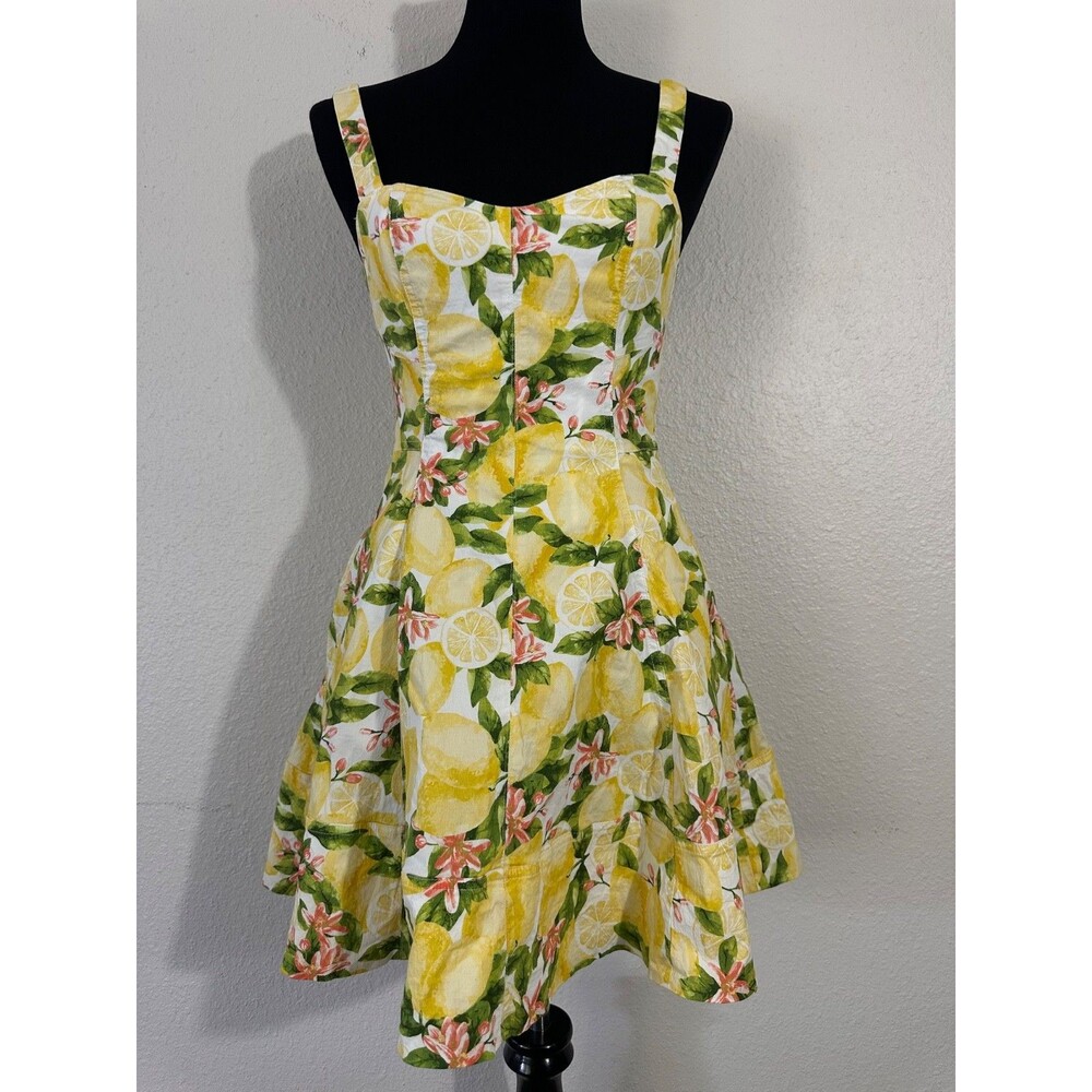 Avec Les Filles Lemon Print Fit & Flare Dress Sweetheart Neckline White Size 6